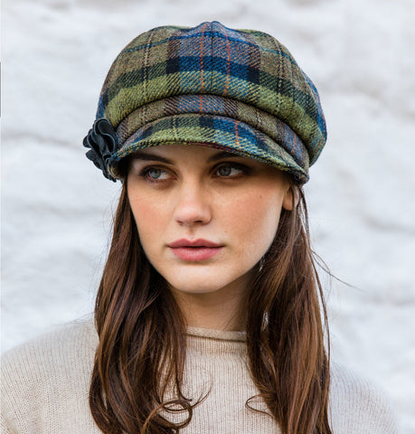 Ladies Newsboy Cap - Green & Blue Check Front