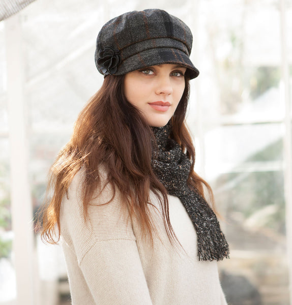 Ladies Newsboy Cap - Black & Grey Check Front