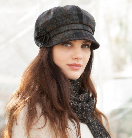 Ladies Newsboy Cap - Black & Grey Check Front