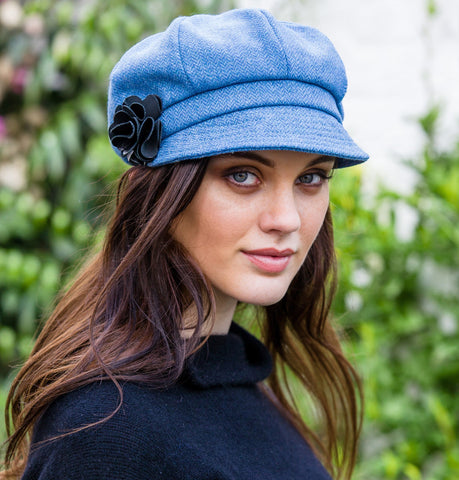 Ladies Newsboy Cap - Light Blue Herringbone Front 