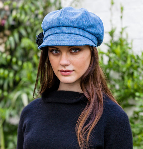 Ladies Newsboy Cap - Light Blue Herringbone Front 