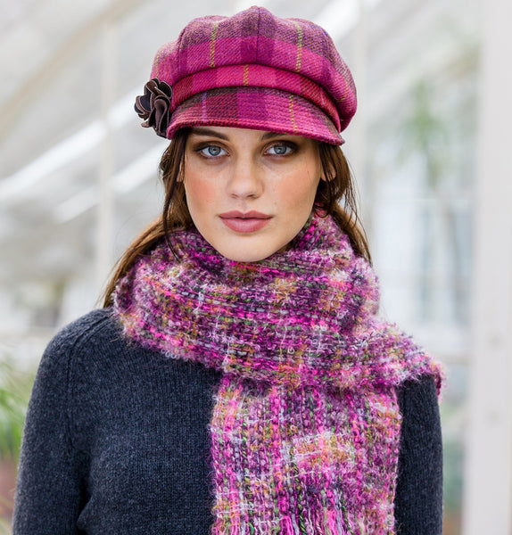 Ladies Newsboy Cap - Pink Check Front 