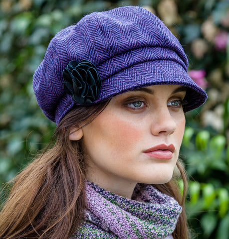 Ladies Newsboy Cap - Purple Herringbone Front 