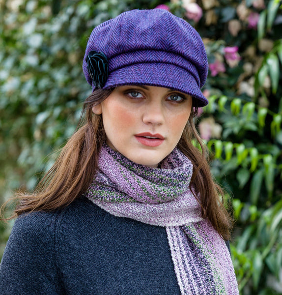 Ladies Newsboy Cap - Purple Herringbone Front 