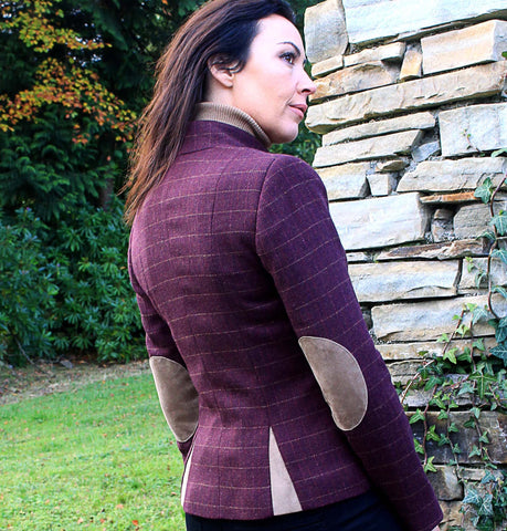 Ladies Tweed Jacket with Curve - Wine & Beige Windowpane Front