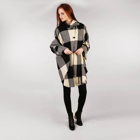 Ladies Tweed Cape - Black and Cream Check Front 