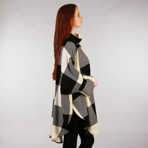 Ladies Tweed Cape - Black and Cream Check Front 