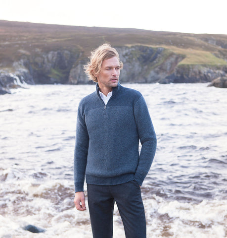 Fisherman Out of Ireland Two Tone Aran Sweater - Navy