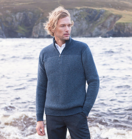 Fisherman Out of Ireland Two Tone Aran Sweater - Navy