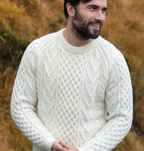 Hand Knit Crew Neck Aran Sweater Natural