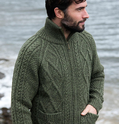 Hand Knit Aran Cardigan with Zip Olive Green