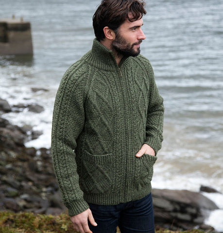 Hand Knit Aran Cardigan with Zip Olive Green