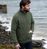 Hand Knit Aran Cardigan with Zip Olive Green