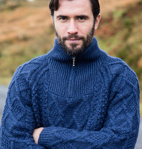 Hand Knit Aran Sweater with Half Zip Front