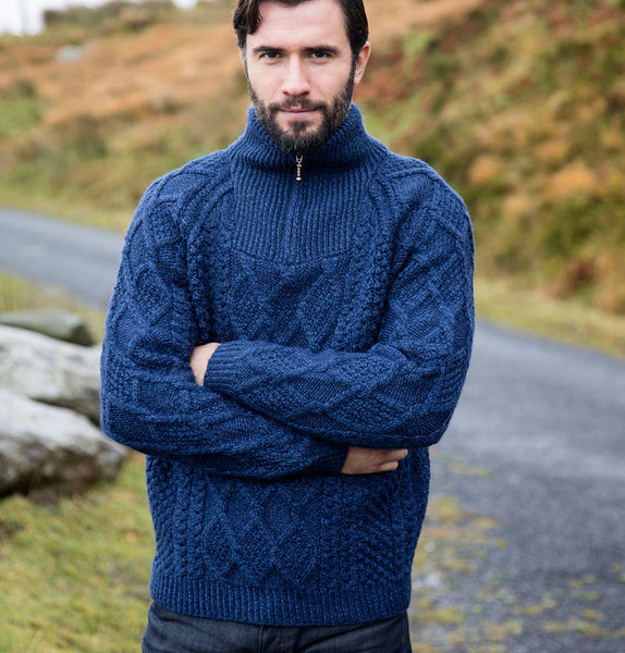 Hand Knit Aran Sweater with Half Zip Front