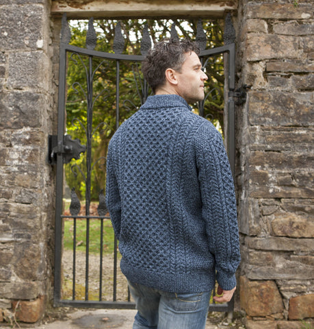 Aran Sweater with Half Zip - Blue Marl Front