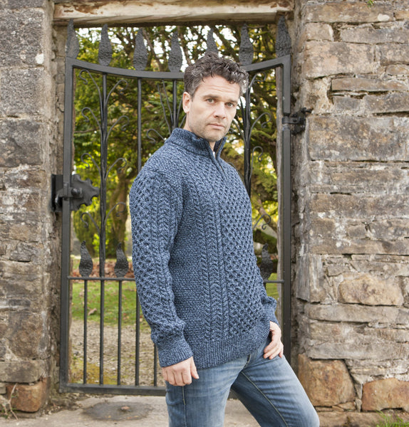 Aran Sweater with Half Zip - Blue Marl Front