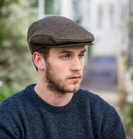 Traditional Flat Cap - Brown Herringbone with Red