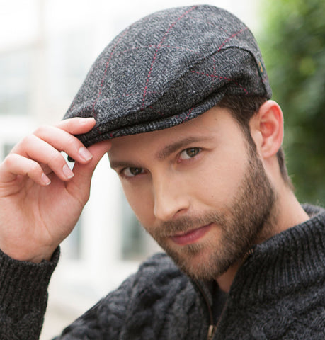 Traditional Flat Cap - Charcoal Herringbone with Red Front 