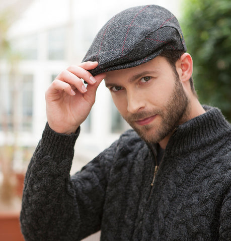 Traditional Flat Cap - Charcoal Herringbone with Red Front 