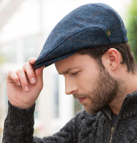 Traditional Flat Cap - Navy Herringbone & Tan Front 