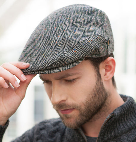 Traditional Flat Cap - Grey Herringbone Front