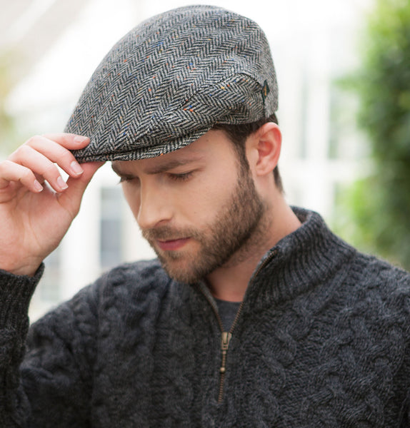 Traditional Flat Cap - Black & White Herringbone Fleck Front 