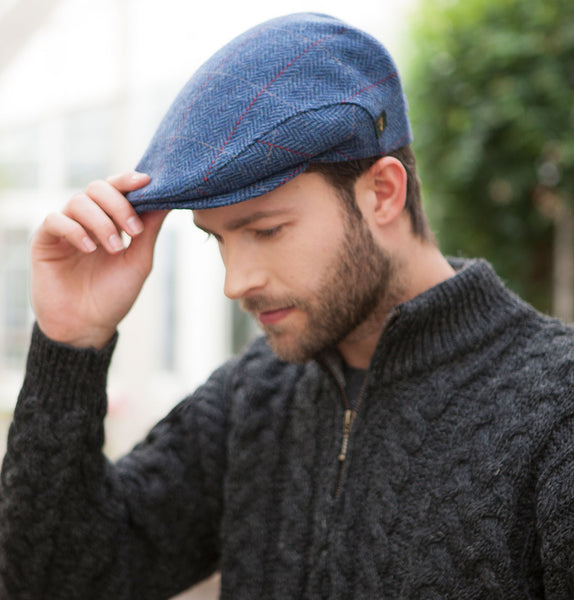 Traditional Flat Cap - Blue with Red Front 