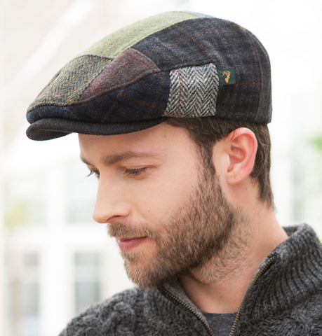 Traditional Flat Cap - Green Mix Patchwork Front 