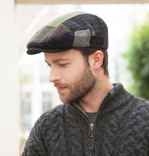 Traditional Flat Cap - Green Mix Patchwork Front 