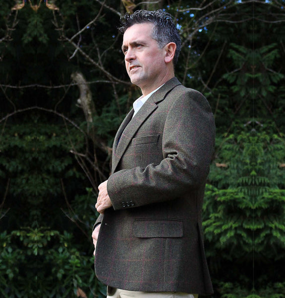 Classic Gents Donegal Tweed Sports Jacket - Green & Pink Windowpane Side