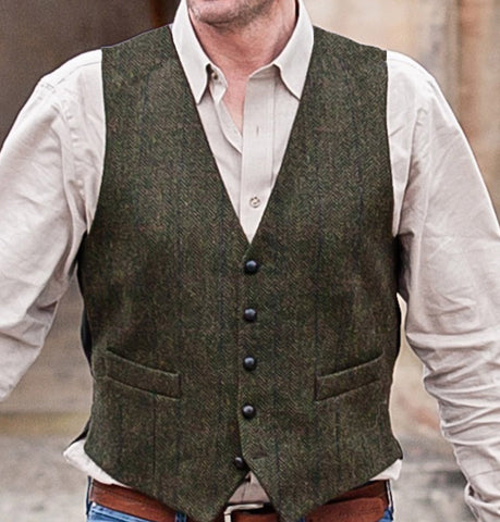 Mens Tweed Vest - Green Front 