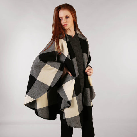 Throw Cape Shawl Tweed Black White