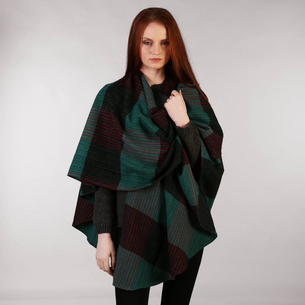 Throw Cape Shawl Green Black Check