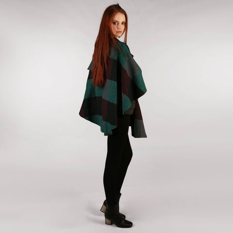 Throw Cape Shawl Green Black Check