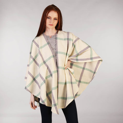 Throw Cape Shawl Cream, Purple & Green Windowpane Full 