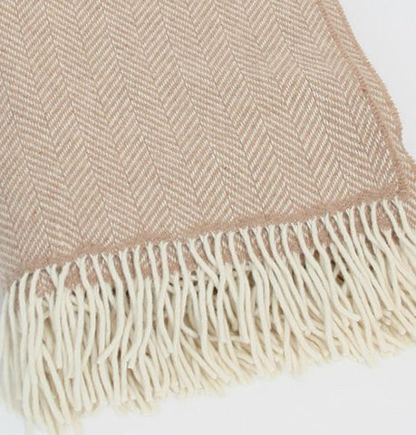 Irish Merino Wool & Cashmere Blanket - Beige Herringbone Front 