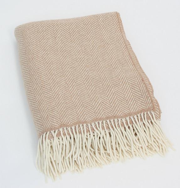 Irish Merino Wool & Cashmere Blanket - Beige Herringbone Front 