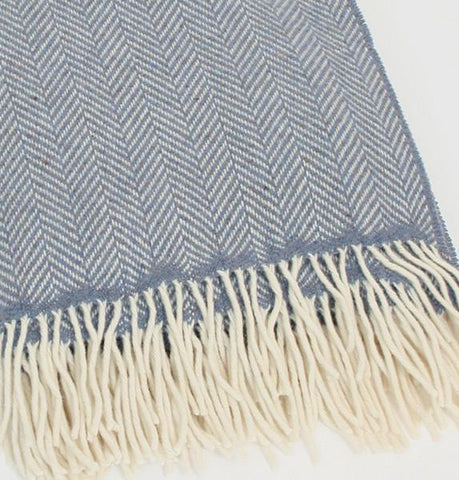 Irish Merino Wool & Cashmere Blanket - Blue Herringbone Front 