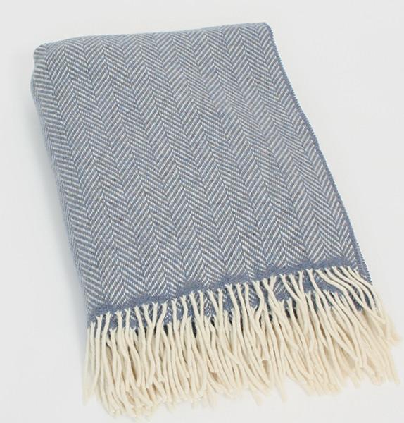 Irish Merino Wool & Cashmere Blanket - Blue Herringbone Front 