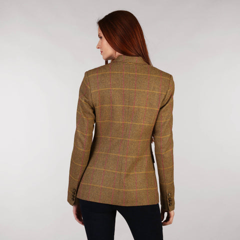 Ladies Tweed Jacket - Golden Brown & Pink Windowpane Front