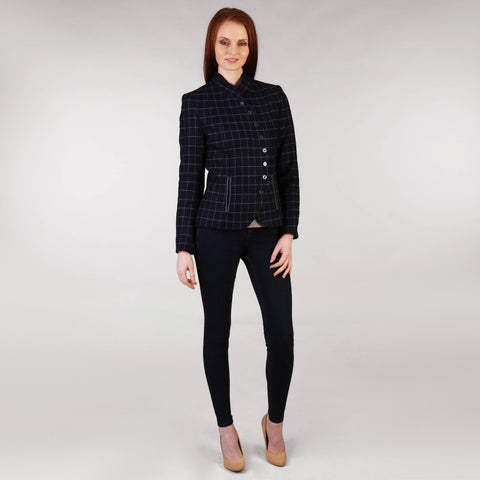 Ladies Tweed Jacket with Curve - Navy Windowpane Front